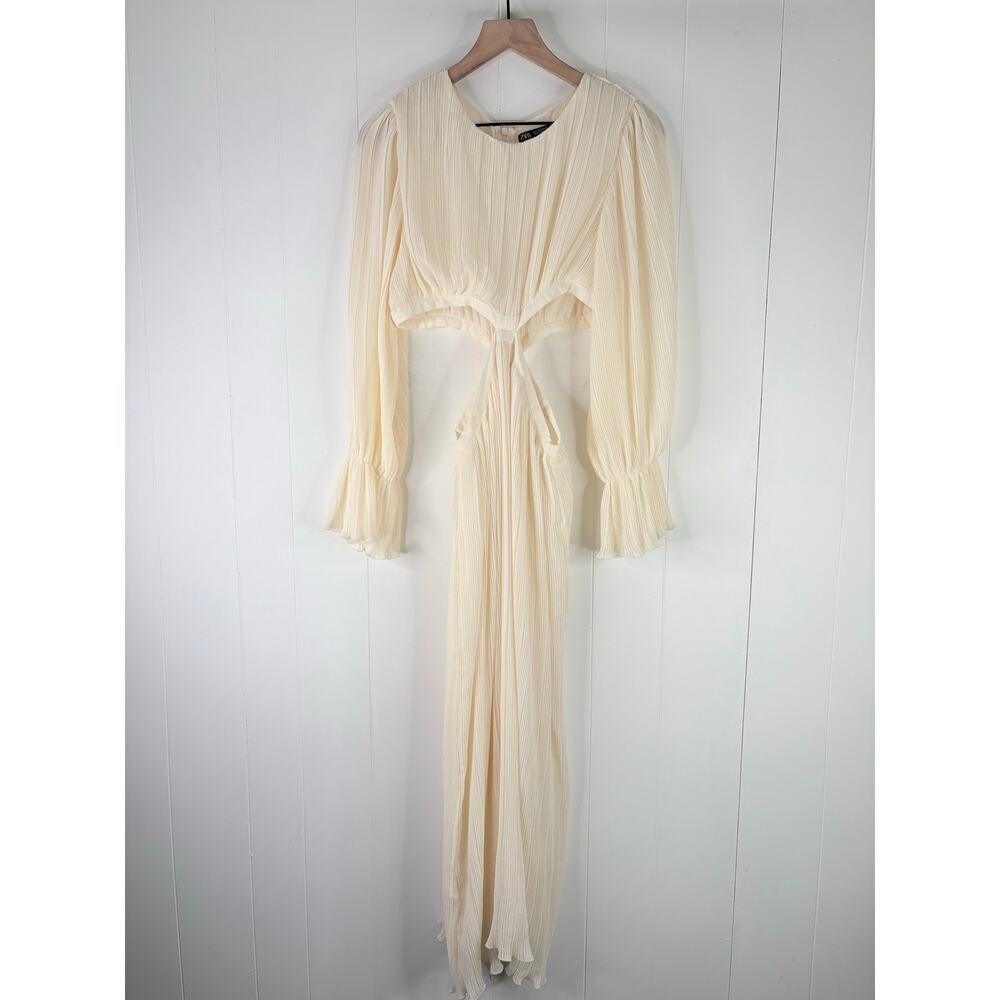 Zara Cutout Pleated Midi Dress Medium Ivory Cream Long Sleeve Flowy Cottagecore - Picture 5 of 15